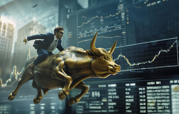 hombre de negocios montando un toro de oro con en una posición de vuelo generativo ai arte