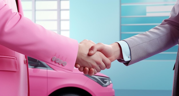 Un hombre de negocios y una mujer de negocios se dan la mano delante de un coche rosa.