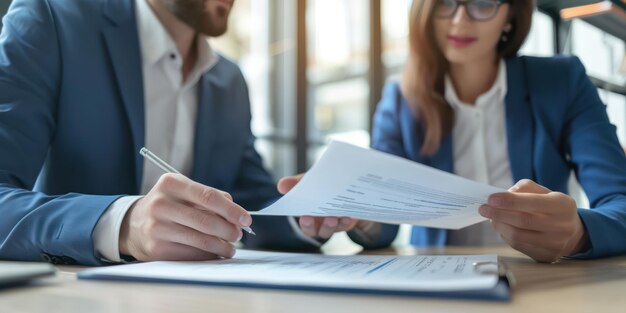 Un hombre de negocios y una mujer de negocios discutiendo documentos financieros