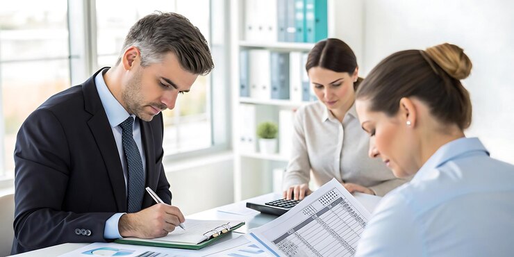 un hombre de negocios y una mujer trabajando en un escritorio con un documento que dice "Cita de negocios"