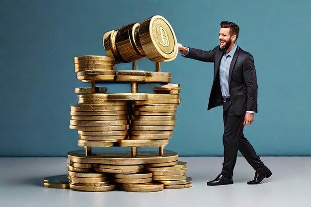 Foto el hombre de negocios del mundo atrae dinero con un gran imán