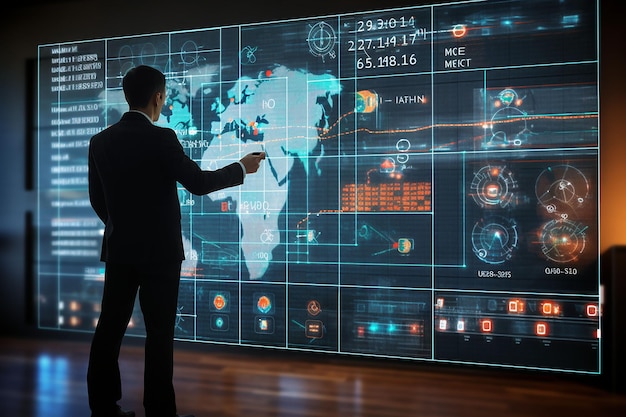 hombre de negocios en una oficina moderna usando un panel virtual con infografías y gráficos