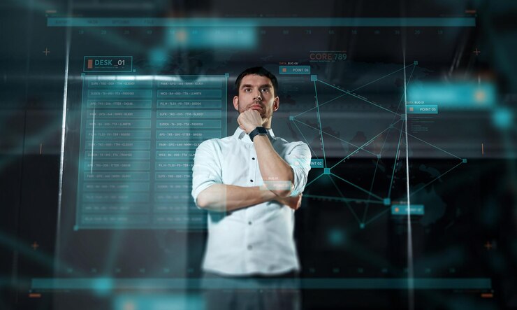 Foto hombre de negocios en la pantalla virtual en la oficina nocturna