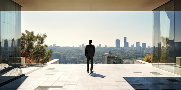 un hombre de negocios parado en una terraza moderna y mirando la vista