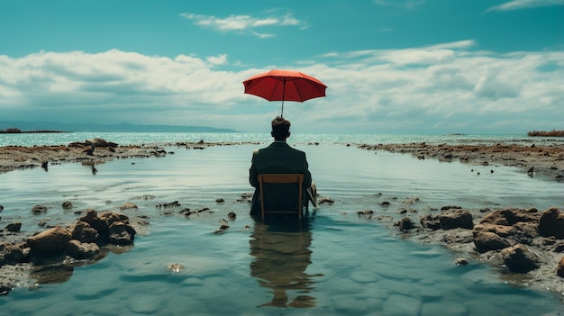 Hombre de negocios con paraguas sentado en un mar