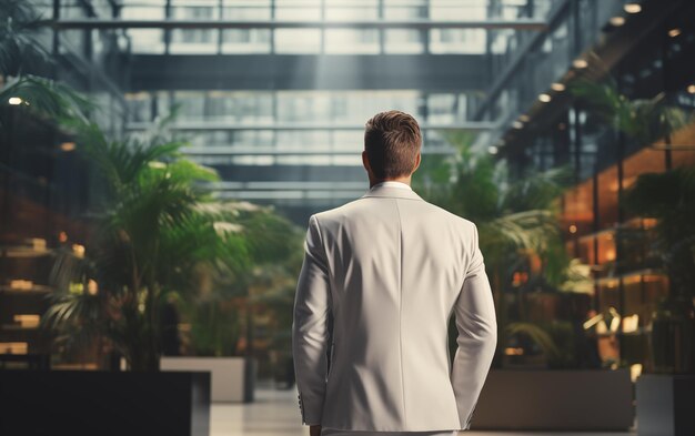 Foto un hombre de negocios de la parte de atrás entra en la sala de élite