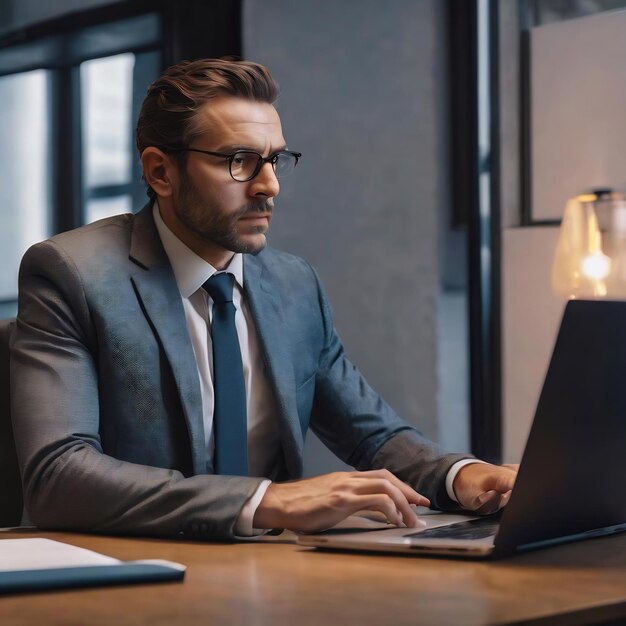 Un hombre de negocios pensando sentado en un escritorio usando una computadora portátil