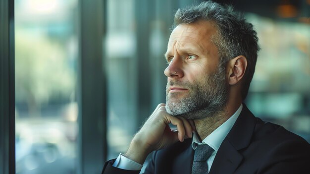 Un hombre de negocios pensativo mirando por la ventana contemplando su próximo movimiento en el mundo competitivo de los negocios