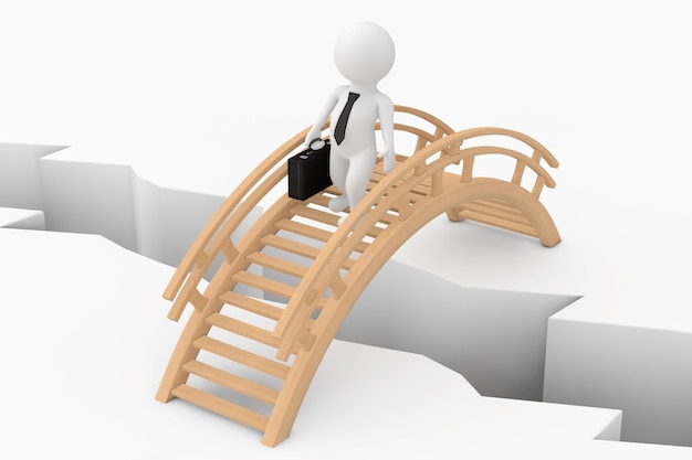 Hombre de negocios de la persona 3D que cruza el puente sobre el hoyo del suelo en un fondo blanco. Representación 3D