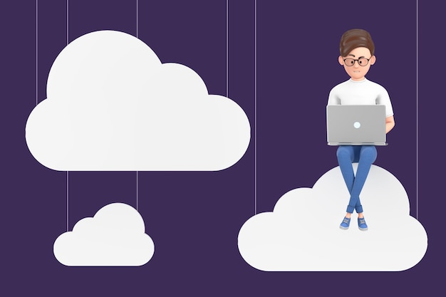 Hombre de negocios de persona de personaje de dibujos animados con ordenador portátil trabajando sobre nubes sobre un fondo azul. Representación 3d