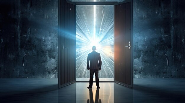 Un hombre de negocios de pie en una apertura de clave abstracta en la pared con luz brillante y un lugar simulado Solución y concepto de decisión Generativa ai