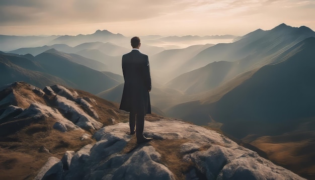 Un hombre de negocios de pie en la cima de una montaña y mirando en la distancia