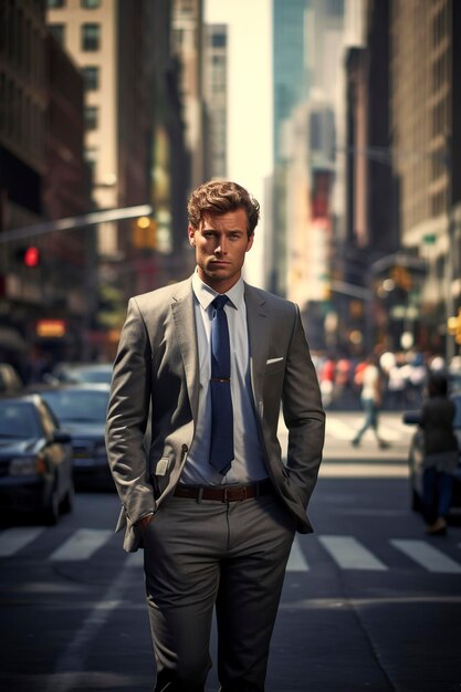 hombre de negocios de pie en la ciudad posando frente a la cámara