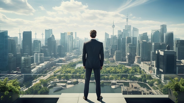 Hombre de negocios de pie en un edificio alto mirando la vista de la ciudad