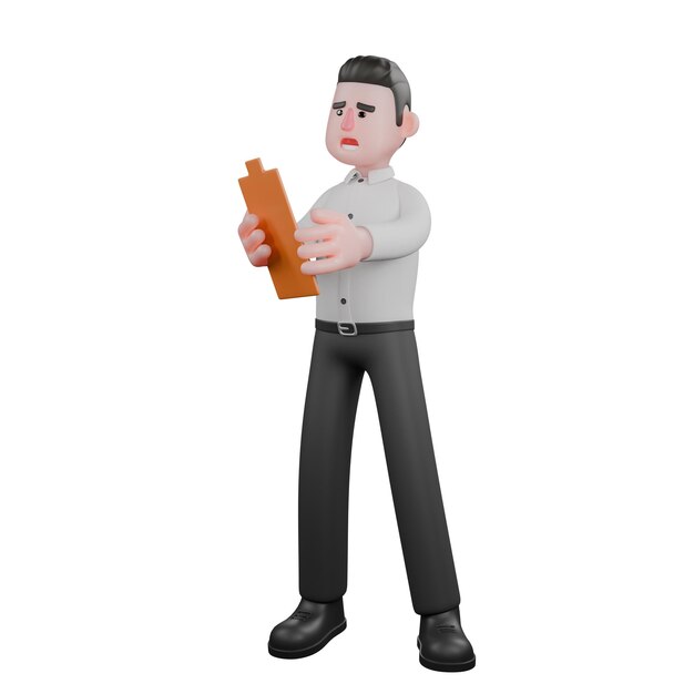 Un hombre de negocios de pie frente a la derecha con ambas manos sosteniendo un portapapeles 3D Analista Cartoon