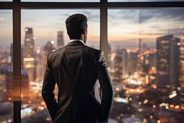 El hombre de negocios de pie frente a una ventana mirando a la ciudad El enfoque está en el hombre de negocios y la ciudad está ligeramente borrosa