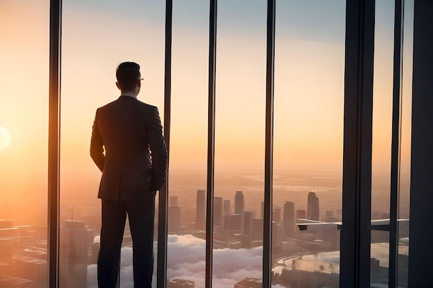 hombre de negocios de pie frente a la ventana sobre el fondo borroso de la ciudad