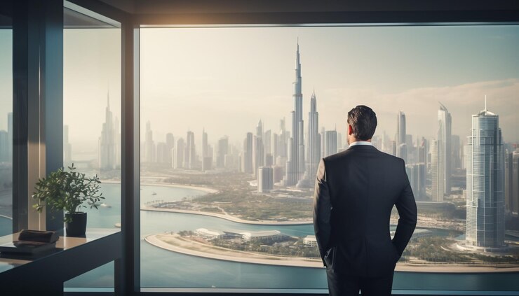 Hombre de negocios de pie en la gran ventana de una oficina alta con vistas al paisaje urbano