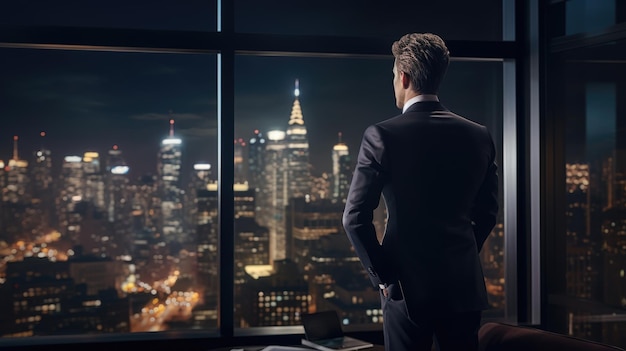 Hombre de negocios de pie en la oficina viendo la vista nocturna de la ciudad moderna