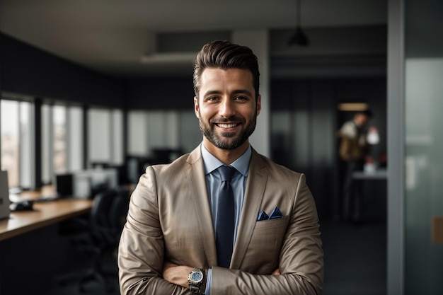 un hombre de negocios de pie sonriente y orgulloso en el trabajo frente a la cámara vestido de hombre de negocios profesional