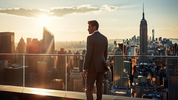 Un hombre de negocios de pie en el último piso de un edificio comercial de Nueva York admirando la vista de la ciudad