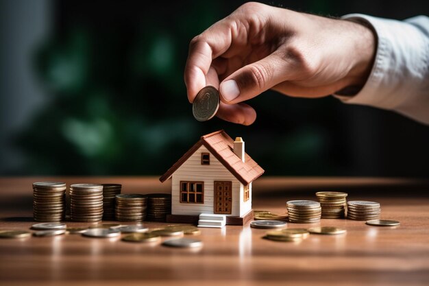 hombre de negocios poniendo monedas aumento en monedas apilando con casa para ahorrar para la inversión inmobiliaria