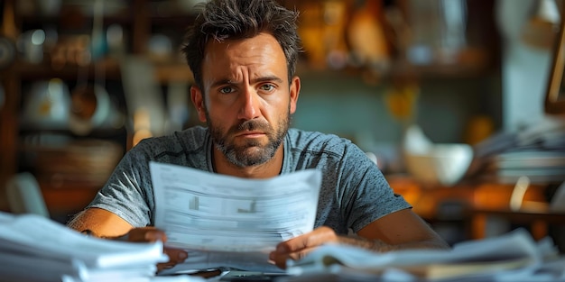 Foto un hombre de negocios preocupado se sienta en su escritorio revisando documentos financieros en su oficina concept business finance office professionalism stress