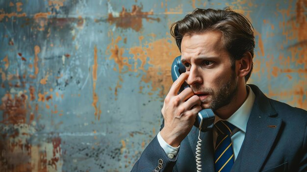 Un hombre de negocios preocupado en traje hablando por teléfono frente a una pared de metal oxidado
