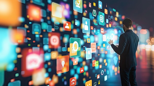 un hombre de negocios presionando botones sociales modernos contra un fondo virtual dinámico que simboliza la integración de las redes sociales en las prácticas comerciales contemporáneas