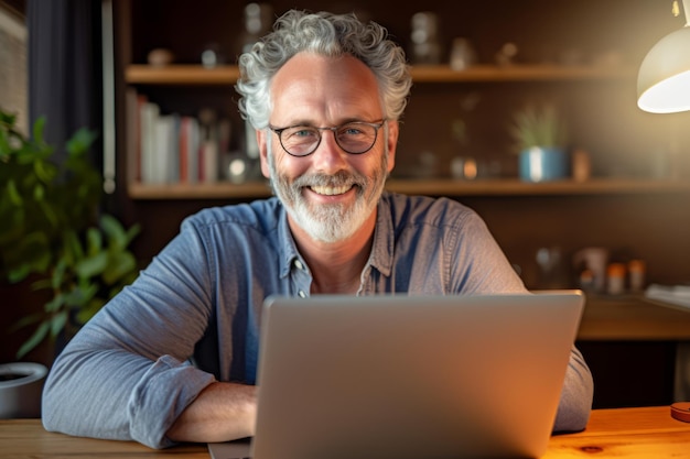 Hombre de negocios profesional de mediana edad sentado en un escritorio en la oficina trabajando en una computadora portátil riendo