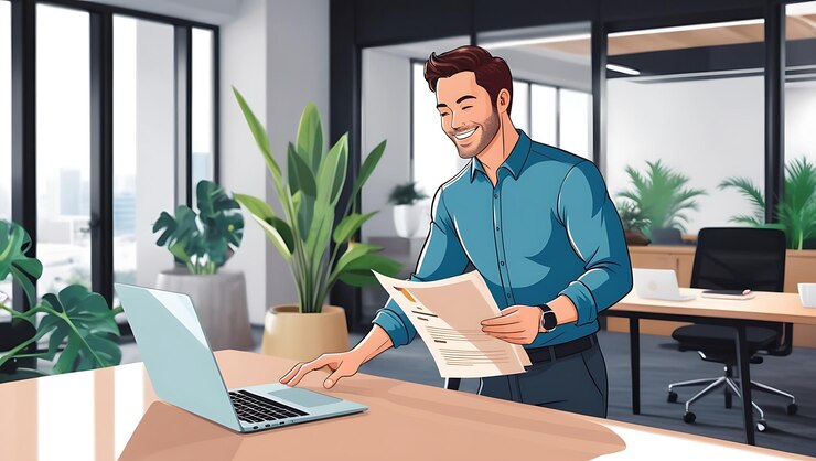 Un hombre de negocios profesional ocupado o un empleado corporativo feliz usando una computadora portátil en la oficina