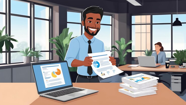 Un hombre de negocios profesional ocupado o un empleado corporativo feliz usando una computadora portátil en la oficina