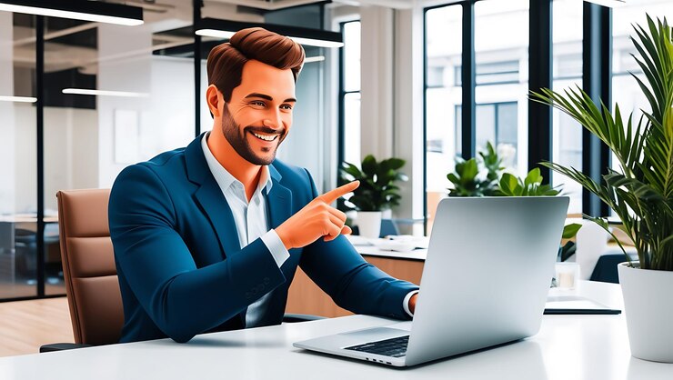 Un hombre de negocios profesional ocupado o un empleado corporativo feliz usando una computadora portátil en la oficina