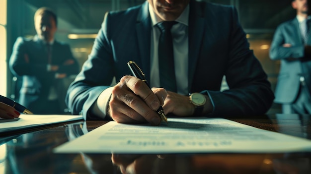 Un hombre de negocios profesional con un traje delgado se sienta en silencio mientras firma cuidadosamente un contrato