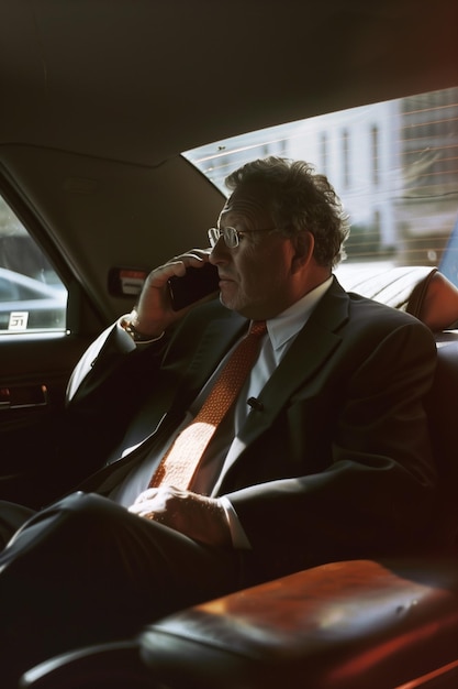 Un hombre de negocios profesional en traje discutiendo por teléfono durante el viaje en el asiento trasero del coche