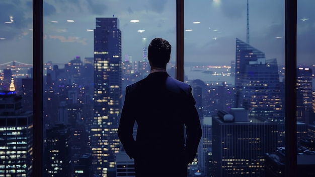 Foto hombre de negocios profesional en traje ventana del edificio de la ciudad moderna refleja hombre de negocios masculino