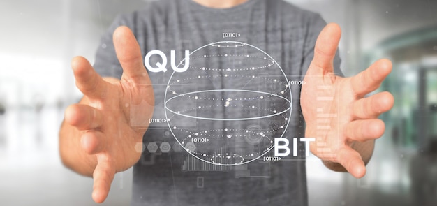 Hombre de negocios que lleva a cabo el concepto computacional de Quantum con la representación 3d del icono del qubit