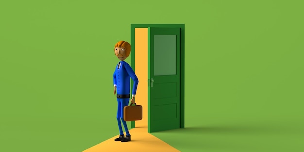 Hombre de negocios que sale de una puerta entreabierta Espacio de copia Ilustración 3D Dibujos animados
