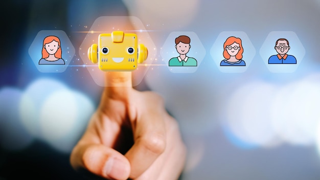 El hombre de negocios que señala con el dedo elige ai en lugar de personas para trabajar para las personas