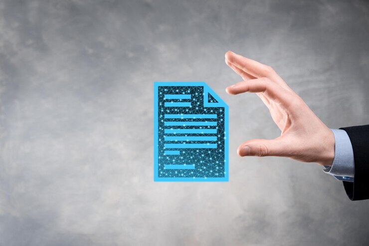 Foto hombre de negocios que sostiene un icono de documento en su mano concepto de tecnología de internet de negocios del sistema de datos de gestión de documentos. sistema de gestión de datos corporativos dms low poly, poligonal