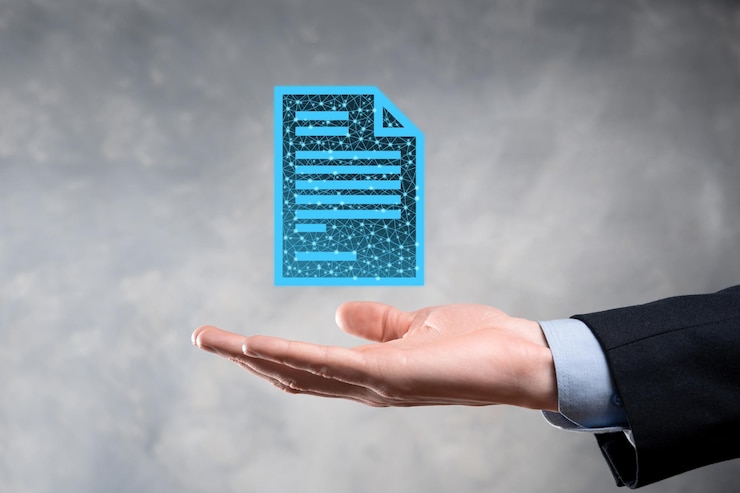 Foto hombre de negocios que sostiene un icono de documento en su mano concepto de tecnología de internet de negocios del sistema de datos de gestión de documentos. sistema de gestión de datos corporativos dms low poly, poligonal