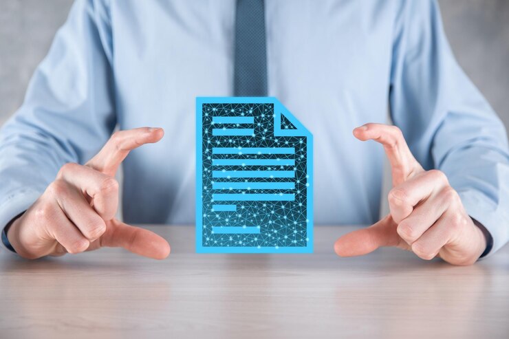 Foto hombre de negocios que sostiene un icono de documento en su mano concepto de tecnología de internet de negocios del sistema de datos de gestión de documentos. sistema de gestión de datos corporativos dms. low poly, poligonal.