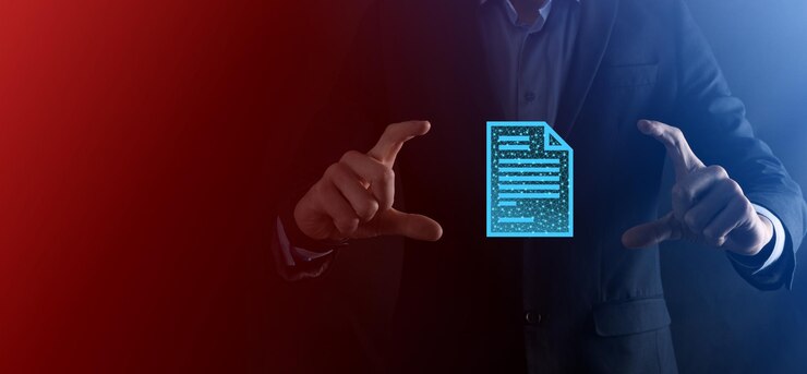 Foto hombre de negocios que sostiene un icono de documento en su mano concepto de tecnología de internet de negocios del sistema de datos de gestión de documentos. sistema de gestión de datos corporativos dms low poly, poligonal