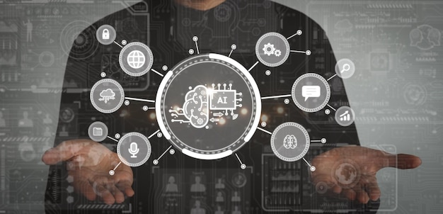 Hombre de negocios que sostiene la pantalla digital del icono de AI Inteligencia artificial Concepto de aprendizaje automático Ciencia de grandes datos Tecnología de innovación Computación en la nube Comunicación de red de Internet futurista