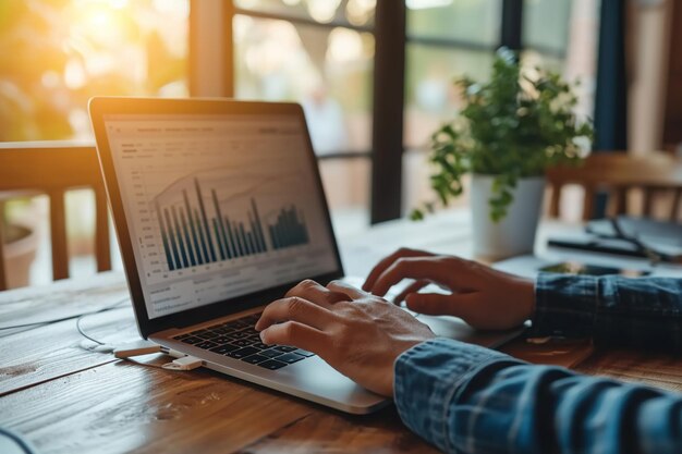 hombre de negocios que trabaja en una computadora portátil financiera con un diagrama gráfico generado por IA