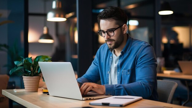 Foto hombre de negocios que trabaja en una computadora portátil utiliza el formulario de solicitud de empleo en línea web monitor