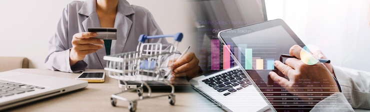 Foto hombre de negocios que usa tarjeta de crédito y calculadora para comprar en línea enfoque selectivo