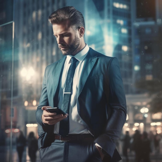 hombre de negocios que usa un teléfono inteligente en una ciudad abstracta con doble exposición de la interfaz financiera de hud