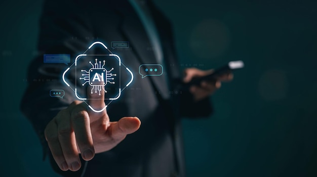 Hombre de negocios que utiliza la aplicación de chatbot digital Inteligencia artificial en el hogar para el servicio al cliente en línea Tecnología de chat de IA para la comunicación sin problemas y el compromiso del cliente