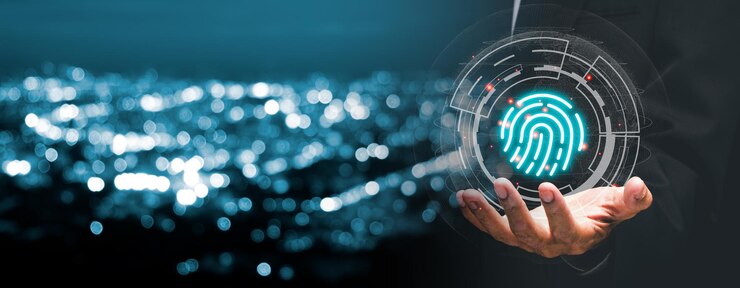 Hombre de negocios que utiliza la identificación de huellas digitales para acceder a datos financieros personales El escaneo de huellas dactilares proporciona acceso de seguridad con identificación biométricax9